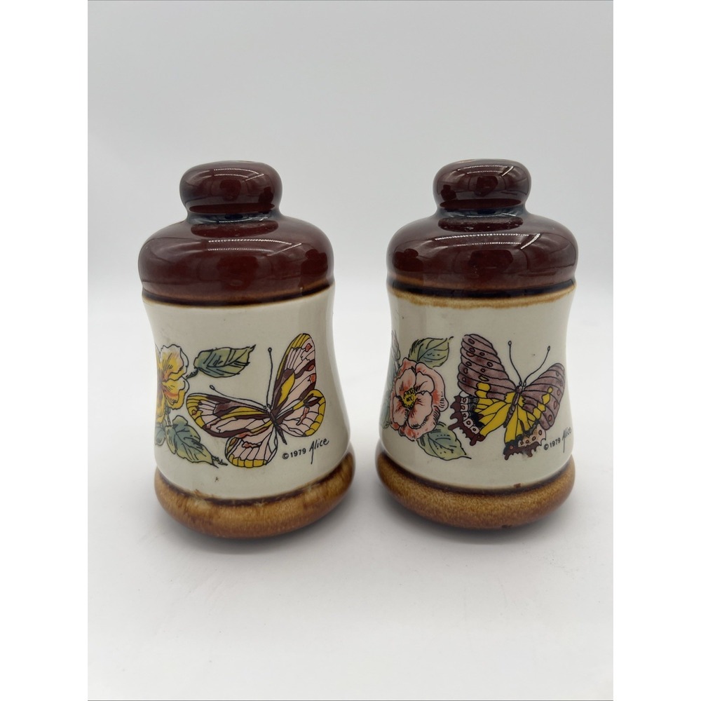 Vintage 1979 Alice Ceramic Butterfly Floral‎ Salt & Pepper Shaker Set Japan
